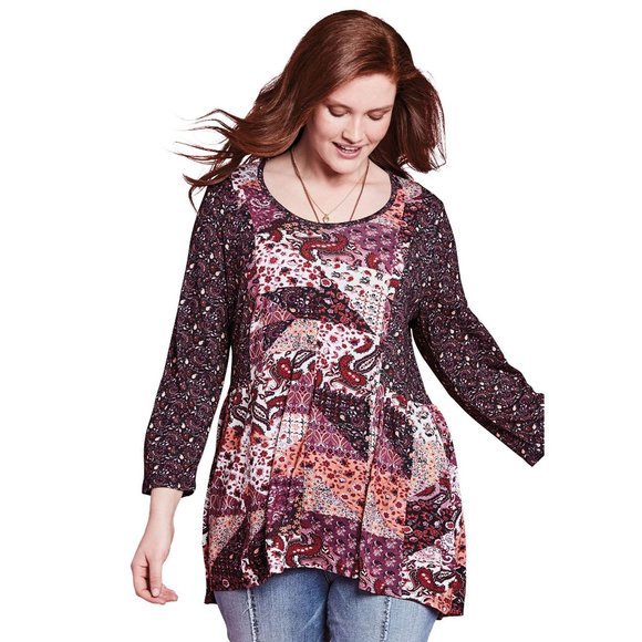 NEW Chelsea Studio Babydoll Tunic Top 30/32 3X Mixed Print Patchwork Mauve Wine - Picture 1 of 13